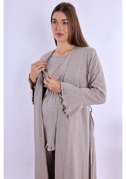 Bej Sabahlıklı Hamile Lohusa Pijama Takımı