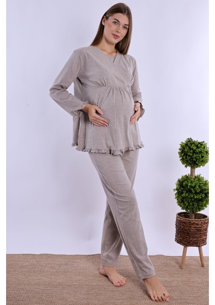 Bej Sabahlıklı Hamile Lohusa Pijama Takımı
