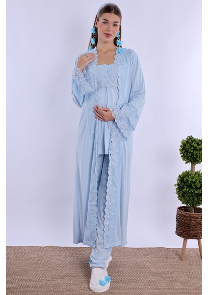 Mavi Sabahlıklı Hamile Lohusa Pijama Takımı