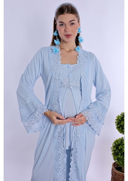 Mavi Sabahlıklı Hamile Lohusa Pijama Takımı fiyatları