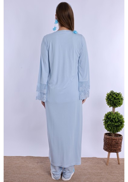 Mavi Sabahlıklı Hamile Lohusa Pijama Takımı modelleri