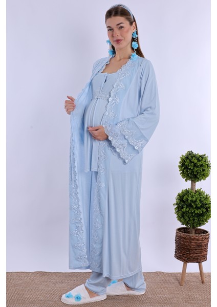 Mavi Sabahlıklı Hamile Lohusa Pijama Takımı fırsatları