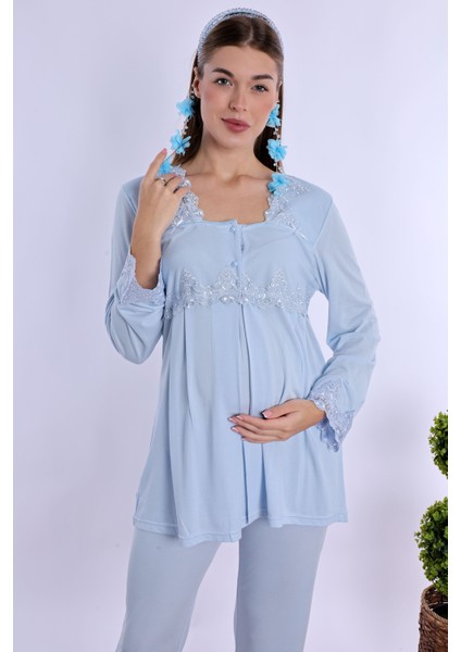 Mavi Sabahlıklı Hamile Lohusa Pijama Takımı
