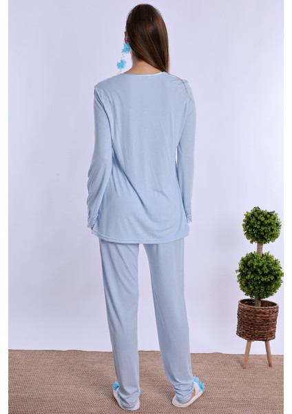 Mavi Sabahlıklı Hamile Lohusa Pijama Takımı