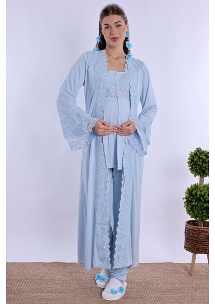 Mavi Sabahlıklı Hamile Lohusa Pijama Takımı