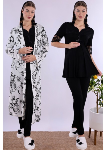 Siyah Sabahlıklı Hamile Lohusa Pijama Takımı