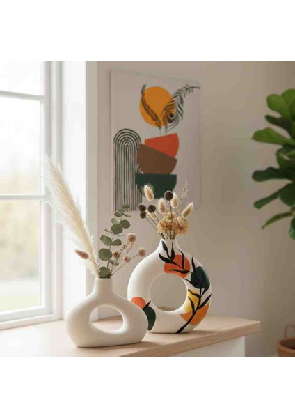 Bohem Desenli 2'li Halka Vazo Seti Ev Ofis Dekoru Hediyelik Set