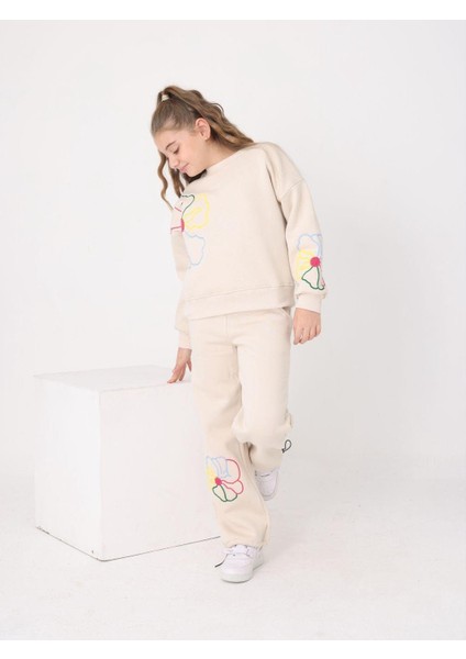 Rengarenk Çiçek Kız Çocuk Eşofman Takımı Bej