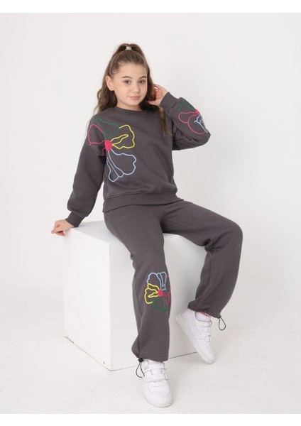 Rengarenk Çiçek Kız Çocuk Eşofman Takımı Gri