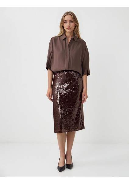 Kahverengi Normal Bel Düz Kesim Payetli Örme Midi Etek