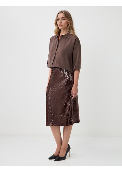 Kahverengi Normal Bel Düz Kesim Payetli Örme Midi Etek modelleri