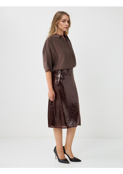 Kahverengi Normal Bel Düz Kesim Payetli Örme Midi Etek fırsatları
