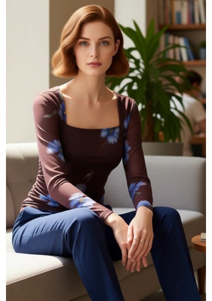 Kadınlar Için Kare Yaka Drape Detaylı Uzun Kollu Çiçek Desenli Örme Üst Kaliteli Şık Rahat