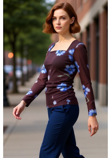 Kadınlar Için Kare Yaka Drape Detaylı Uzun Kollu Çiçek Desenli Örme Üst Kaliteli Şık Rahat fırsatları