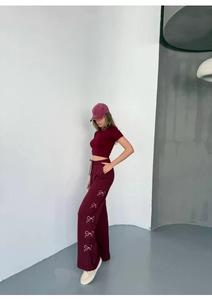 Osy Modal Yumuşak Dokulu Kumaş Nakış Işlemeli Rahat Bol Paça Eşofman Pantalon - Bordo