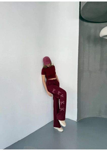 Osy Modal Yumuşak Dokulu Kumaş Nakış Işlemeli Rahat Bol Paça Eşofman Pantalon - Bordo fiyatları