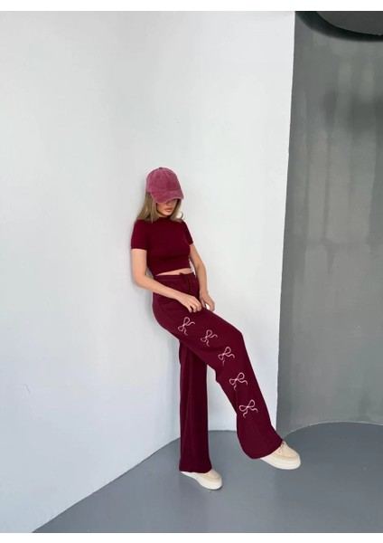 Osy Modal Yumuşak Dokulu Kumaş Nakış Işlemeli Rahat Bol Paça Eşofman Pantalon - Bordo modelleri