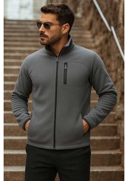 Erkek Fermuarlı Trend Kışlık Cepli Füme Polar Hırka