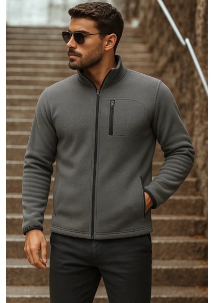 Erkek Fermuarlı Trend Kışlık Cepli Füme Polar Hırka fiyatları