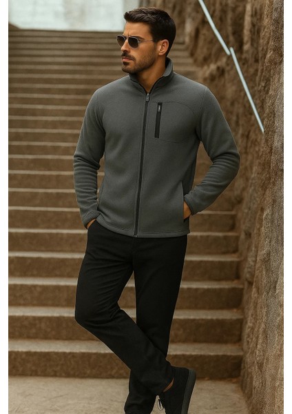 Erkek Fermuarlı Trend Kışlık Cepli Füme Polar Hırka modelleri
