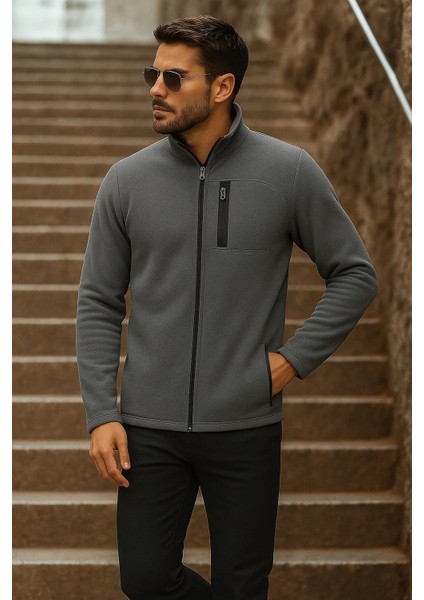 Erkek Fermuarlı Trend Kışlık Cepli Füme Polar Hırka fırsatları