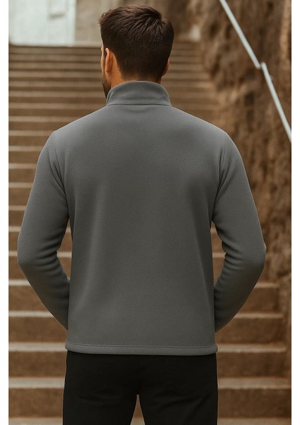 Erkek Fermuarlı Trend Kışlık Cepli Füme Polar Hırka