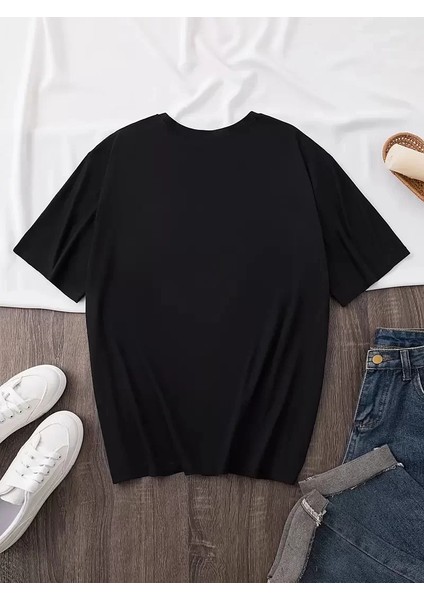 20/1 Penye Compack Baskılı Oversize Bisiklet Yaka Kısa Kol Yazlık T-Shirt - Siyah fırsatları