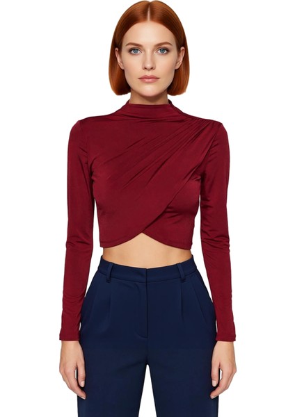 Kadın Moda Şık Üst Giyim Super Crop Dik Yaka Slim Kalıp Örme Drapeli Crop Bluz fiyatları