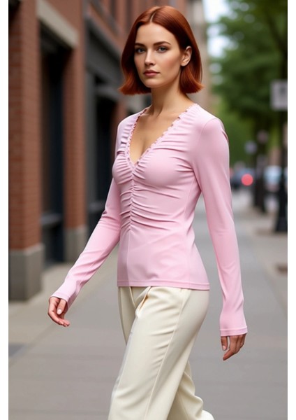 Kadın Moda Şık Üst Giyim Regular V Yaka Slim Kalıp Örme Büzgü Drape Detaylı Vücuda Oturan Esnek Bluz fırsatları