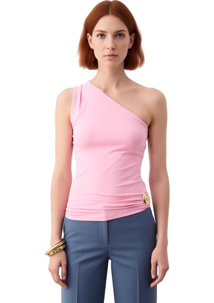 Kadınlar Için Tek Kol Detaylı Deniz Kabuğu Aksesuarlı Esnek Örme Bluz Kaliteli Şık Rahat Modern