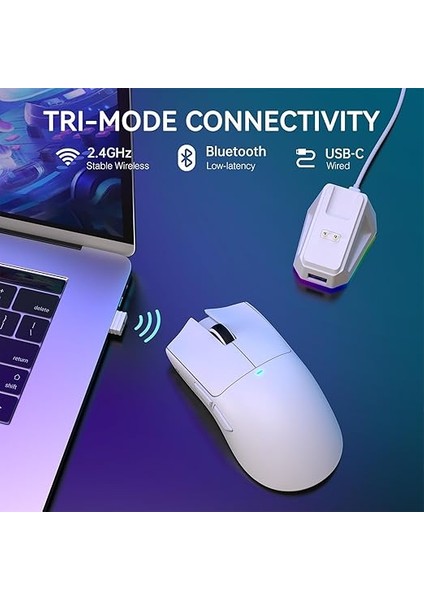 Shark X11 Hafif Kablosuz Oyun Faresi, Rgb Şarj Yuvası, Tri-Mode-2.4g/usb-C Kablolu/bt, 22K Dpı, PAW3311 Optik Sensör, Huyu Anahtarı, Pc/mac Için 5 Programlanabilir Düğme (Beyaz) modelleri