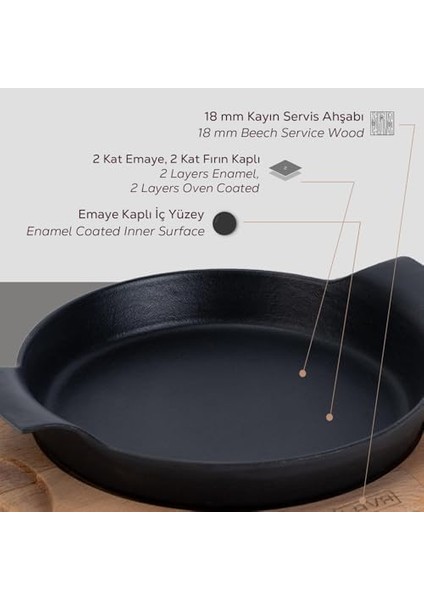 Döküm Yuvarlak Sahan Döküm Demir Yekpare Çift Kulplu Kayın Servis Ahşabı. ÇAP(Ø)18CM. fiyatları