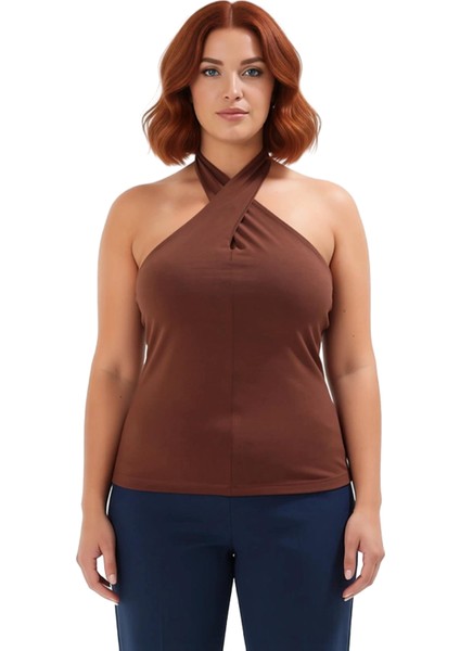 Kadın Pamuklu Halter Yaka Örme Crop Üst Kaliteli Şık Rahat Modern Zarif Günlük