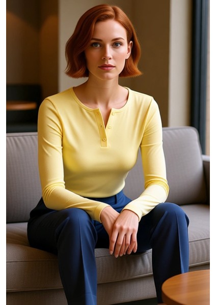 Kadın Uzun Kollu Düğmeli Bisiklet Yaka Fitted Örme Üst Kaliteli Şık Rahat Modern Zarif Günlük fırsatları