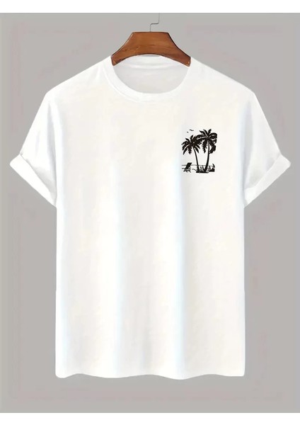 20/1 Penye Compack Palmiye Baskılı Oversize Bisiklet Yaka Kısa Kol T-Shirt - Beyaz