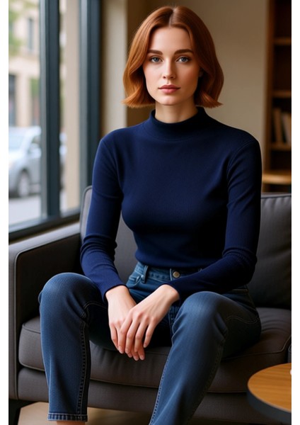 Kadın Moda Şık Regular Dik Yaka Slim Kalıp Örme Fitted Vücuda Oturan Kol Fitilli Esnek Bluz