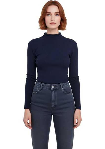 Kadın Moda Şık Regular Dik Yaka Slim Kalıp Örme Fitted Vücuda Oturan Kol Fitilli Esnek Bluz fiyatları