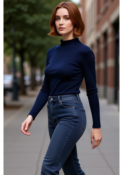 Kadın Moda Şık Regular Dik Yaka Slim Kalıp Örme Fitted Vücuda Oturan Kol Fitilli Esnek Bluz fırsatları