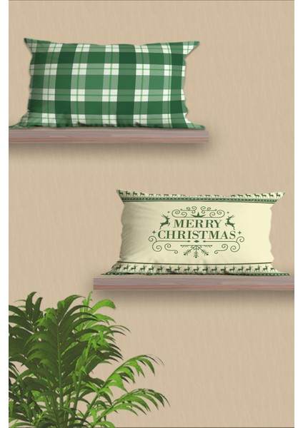 2'li Dikdörtgen Yılbaşı Desenli Çift Taraf Baskı, Yastık Kılıfı, Kırlent Kılıfı, Fermuarlı