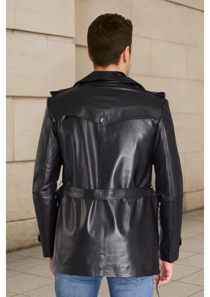 Valdes Hakiki Deri Erkek Siyah Kuşaklı Trençkot fırsatları