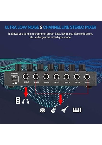 Ultra Düşük Gürültülü 6 Kanal Line Stereo Mikser 6 Giriş 1 Çıkış Mono ve Stereo Anahtarlamalı Dc 5V Taşınabilir Mini Ses Mikseri Mikrofon Gitar Bass Club Bar Sahne Stüdyosu Için Klavye Mikserleri modelleri