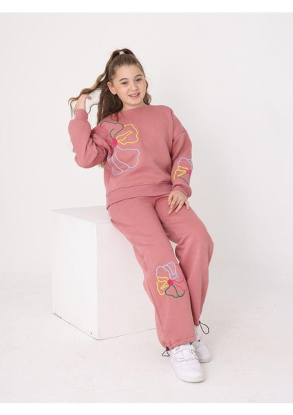 Rengarenk Çiçek Kız Çocuk Eşofman Takımı Pudra