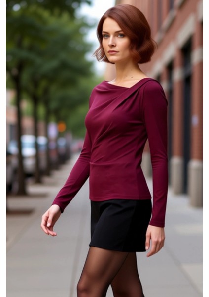 Kadın Asimetrik Yaka Büzgülü Vücuda Oturan Uzun Kollu Örme Kaliteli Şık Rahat Modern Zarif