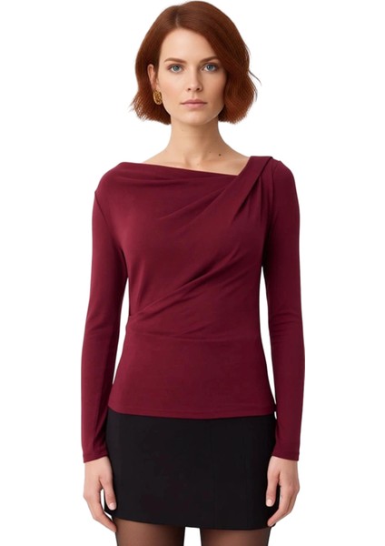 Kadın Asimetrik Yaka Büzgülü Vücuda Oturan Uzun Kollu Örme Kaliteli Şık Rahat Modern Zarif modelleri