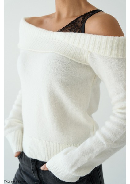 Kadın Kayık Yaka Dantel Detaylı Basıc Günlük Triko Kazak