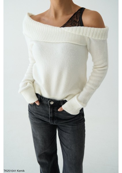 Kadın Kayık Yaka Dantel Detaylı Basıc Günlük Triko Kazak modelleri