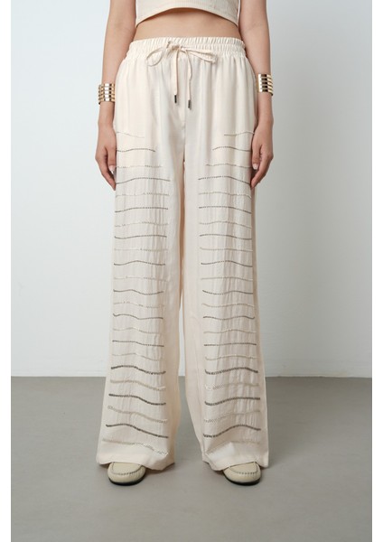 Kadın Yatay Şerit Taş Işlemeli Düz Renk Beli Lastikli Bol Paça Pantolon