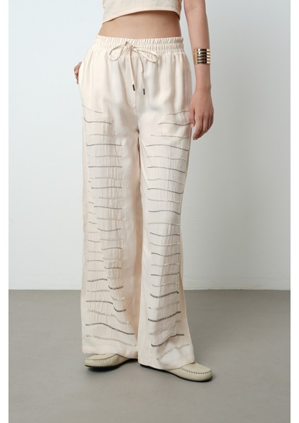 Kadın Yatay Şerit Taş Işlemeli Düz Renk Beli Lastikli Bol Paça Pantolon fiyatları