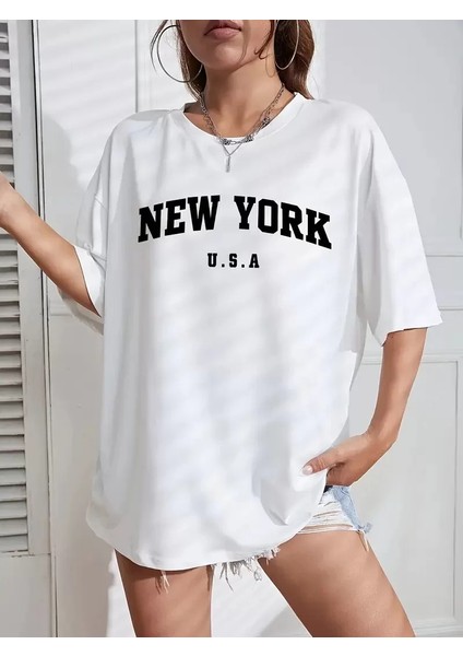 20/1 Penye Compacknew York Baskılı Oversize Kısa Kol Bisiklet Yaka T-Shirt - Beyaz