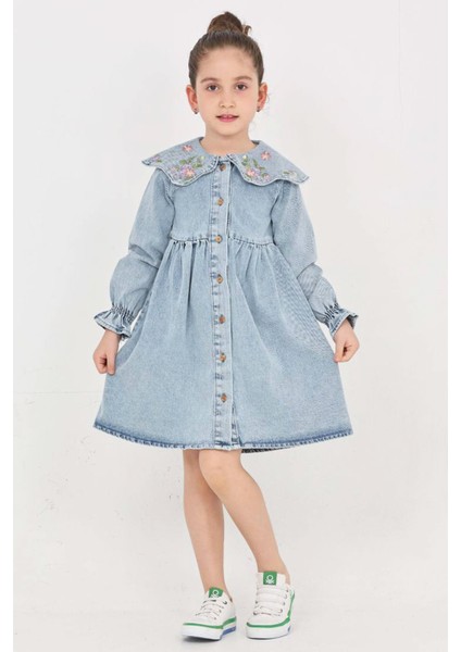 Kız Çocuk Yaka Detaylı ve Boydan Düğmeli Jean Elbise 12339